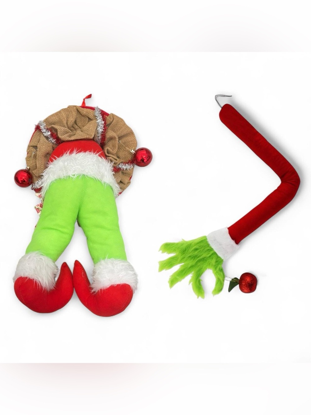 Grinch Inspired Christmas Decor Set Wreath Door Hanger & Stuffed Arm Tree Pick